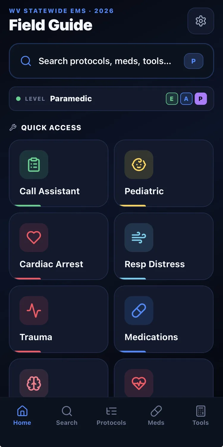 WV EMS Guide — Field Guide home screen with protocol search, provider level selector, and quick access tiles